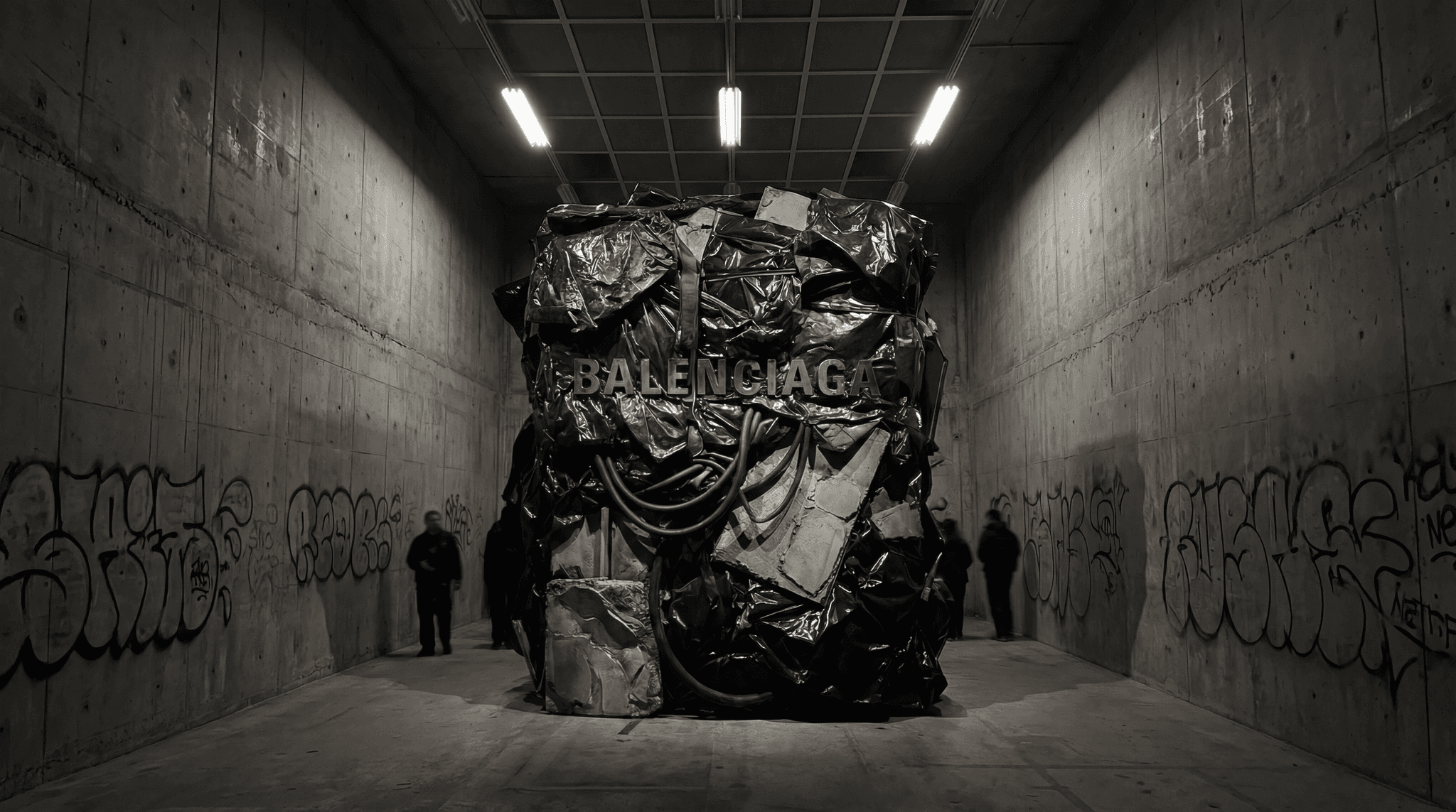 Silhouette face au monolithe Balenciaga de déchets compressés dans un couloir industriel