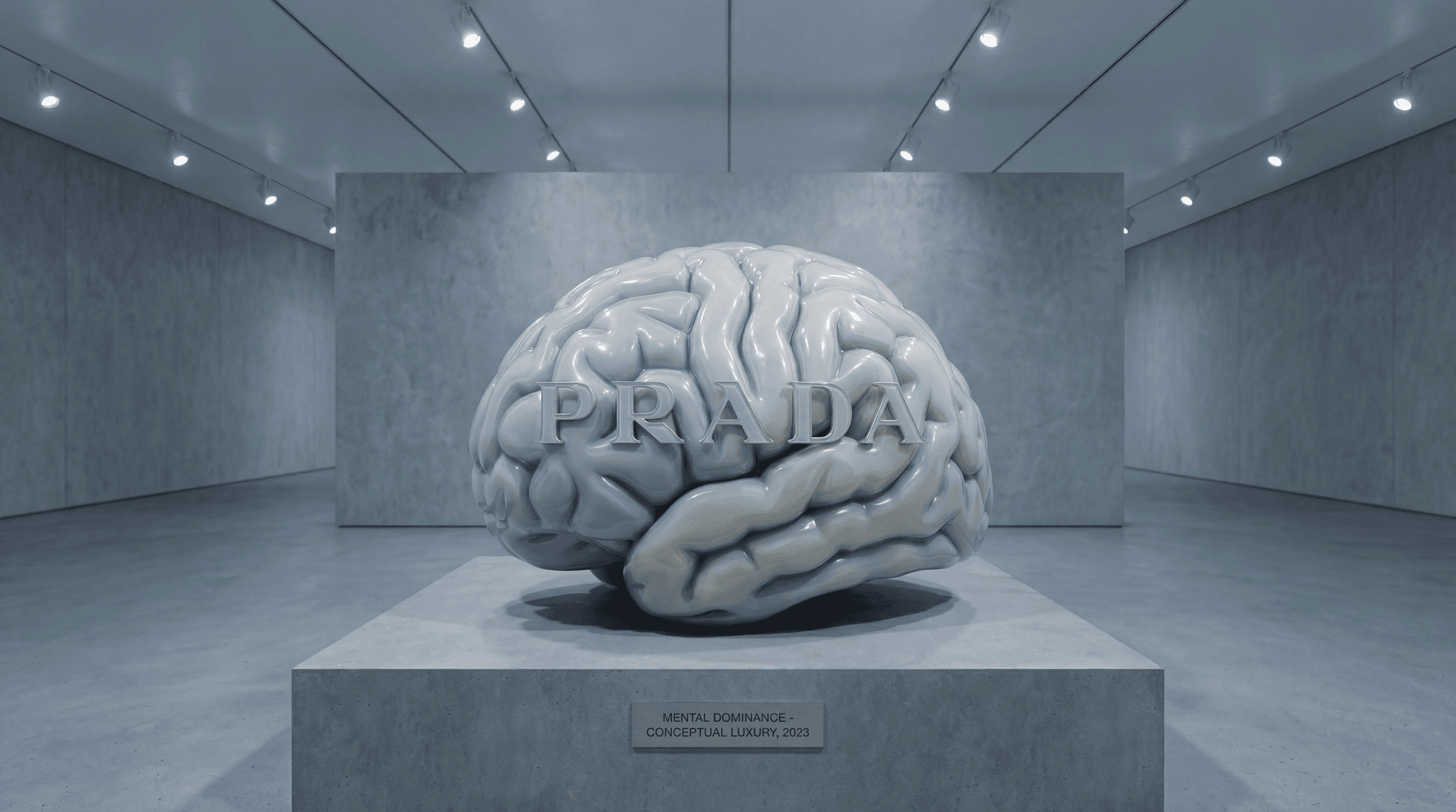 Sculpture cerveau en porcelaine avec PRADA gravé sur la surface, exposé en galerie