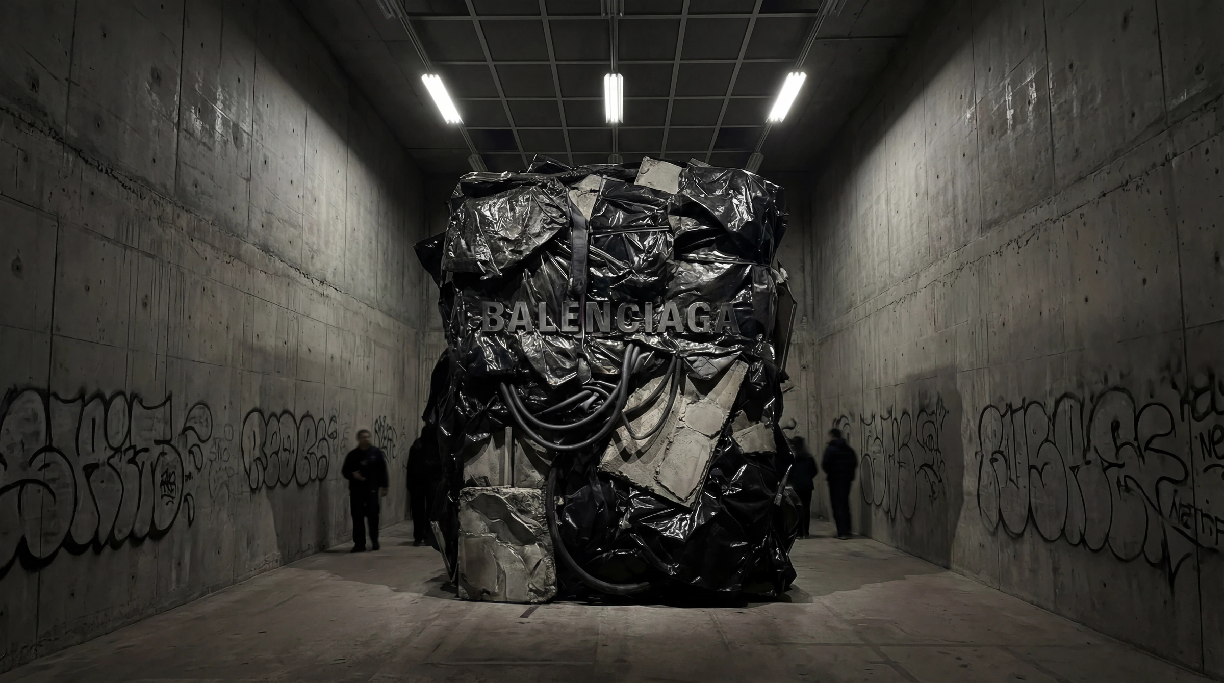 Silhouette face au monolithe Balenciaga de déchets compressés dans un couloir industriel