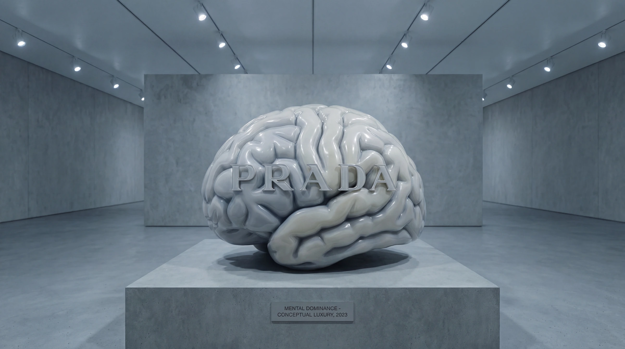 Sculpture cerveau en porcelaine avec PRADA gravé sur la surface, exposé en galerie