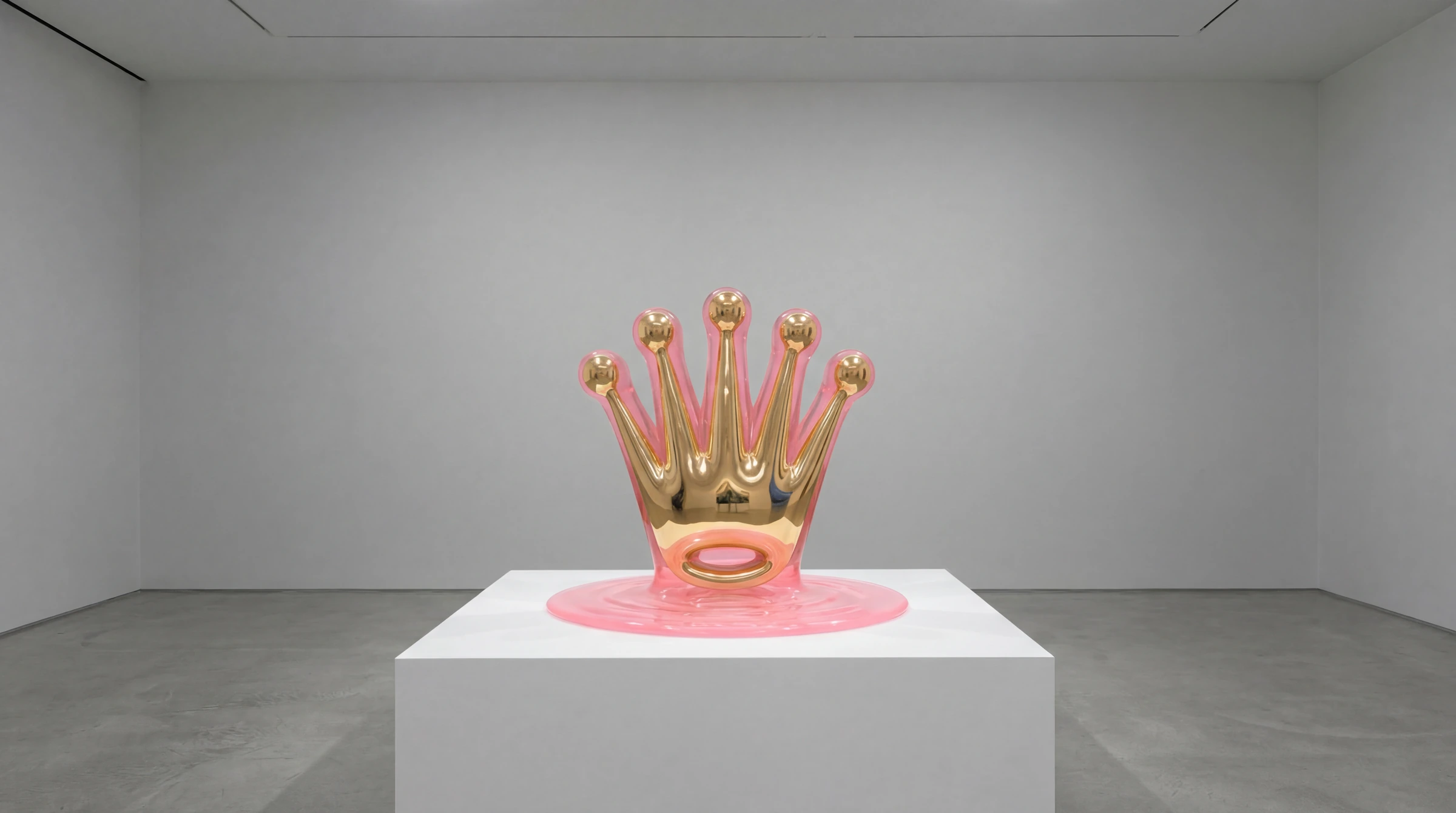 Sculpture couronne Rolex en or poli dans résine rose translucide sur socle galerie